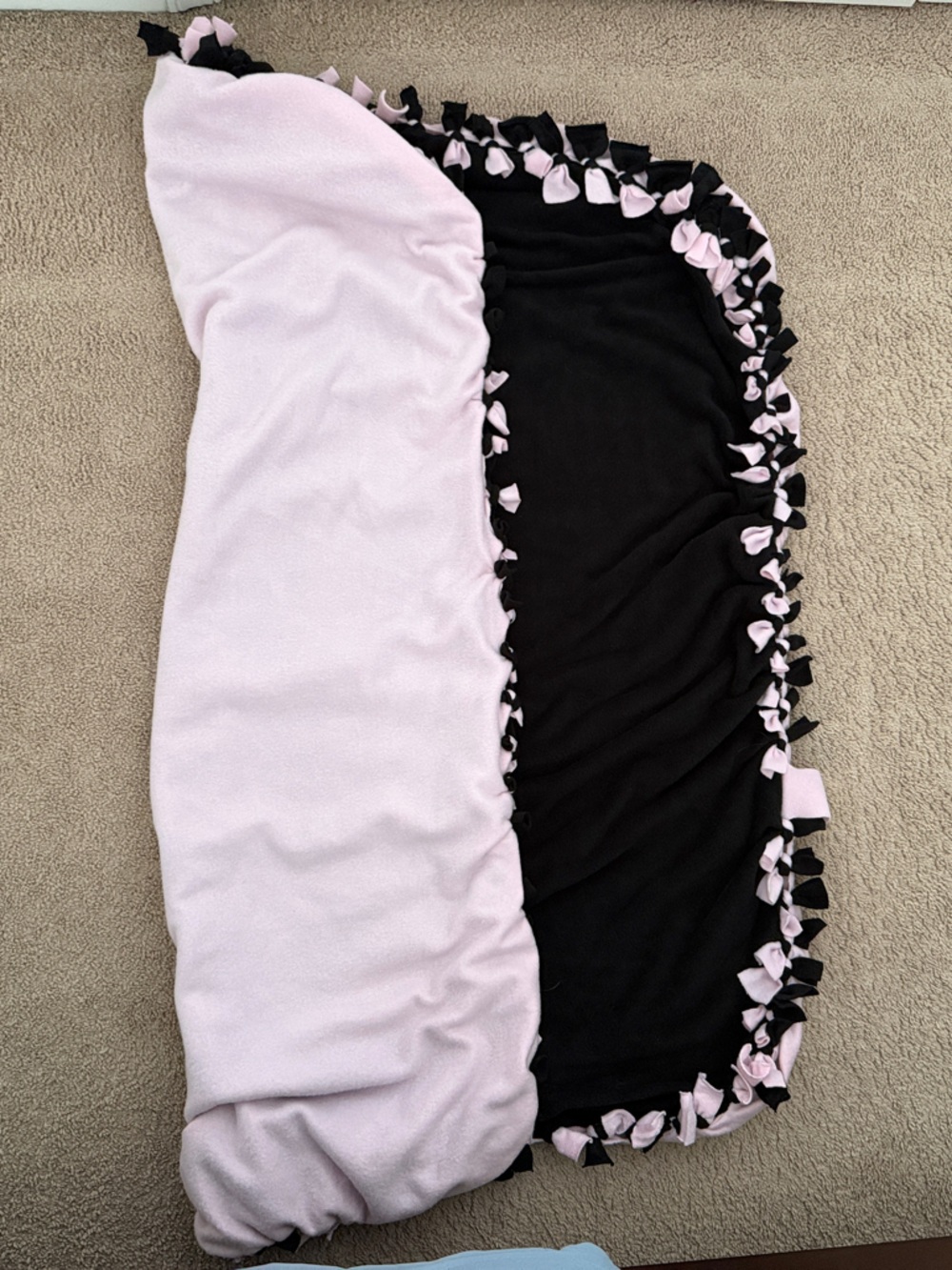 Reversible Black and Pale Pink Fleece Tie-Edge Blanket